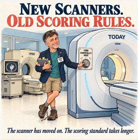 Cartoon headed “New Scanners. Old Scoring Rules.” Steve, wearing a Heart CEO badge, stands between a 1990 scanner and a modern one labelled Today, his hand on a dial set to “1990 compatibility mode.” Below: “The scanner has moved on. The scoring standard takes longer.”