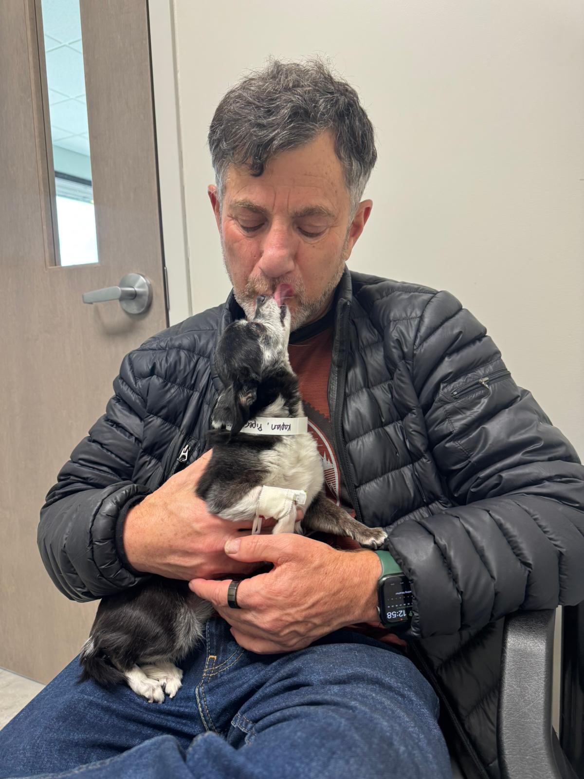 Steve Kaplan at the vet, holding Piper as she licks his face, her IV bandage and name band still on
